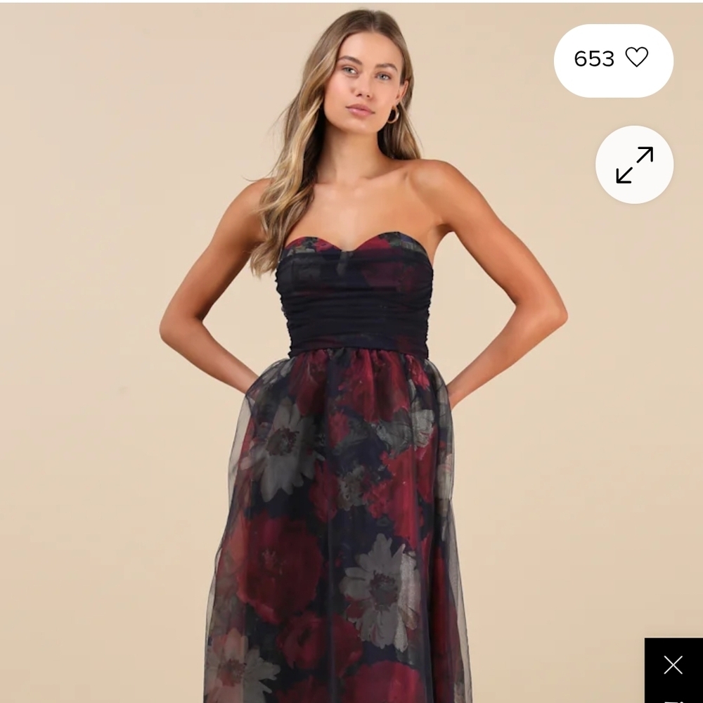 Lulu's Strapless Sweetheart Floral Gown in Black & Burgundy